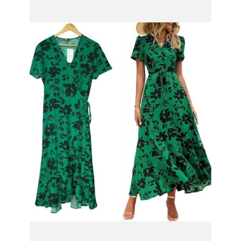 PrettyGarden green floral wrap midi dress with short sleeves and a ruffled hem.